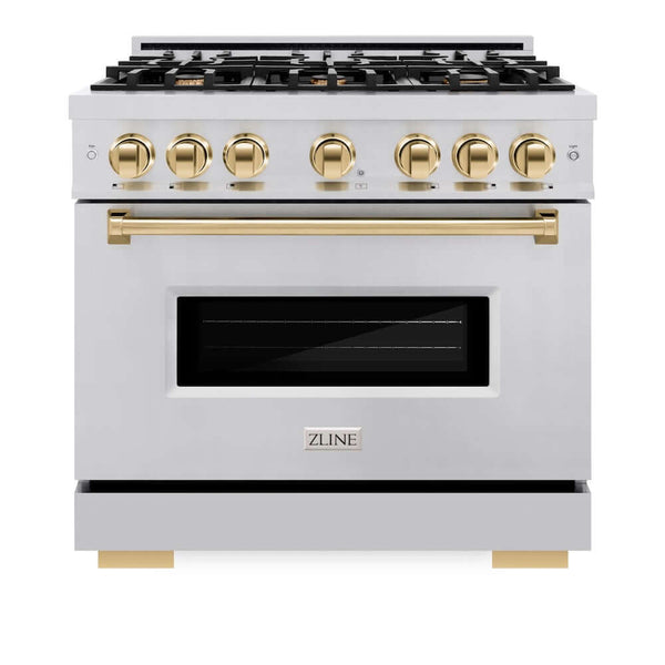 ZLINE Autograph Edition 36 in. 5.2 cu. ft. Classic Gas Range with 6 Burner Cooktop and Convection Gas Oven in Stainless Steel and Polished Gold Accents, Open Box-Good Condition