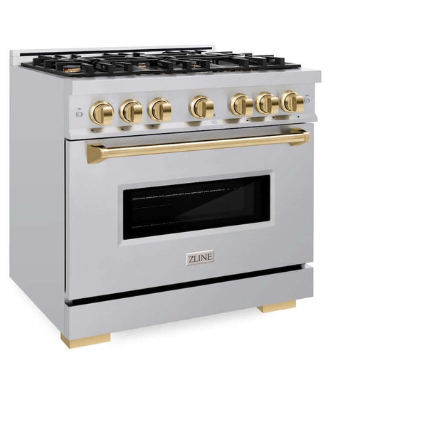 ZLINE Autograph Edition 36 in. 5.2 cu. ft. Classic Gas Range with 6 Burner Cooktop and Convection Gas Oven in Stainless Steel and Polished Gold Accents, Open Box-Good Condition