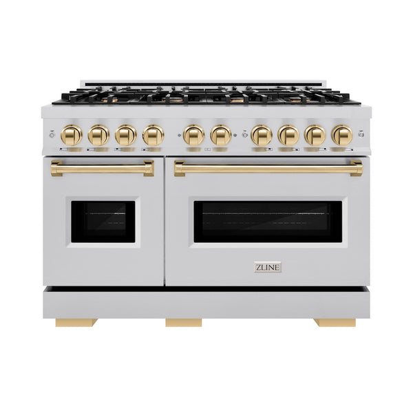 ZLINE Autograph Edition 48 in. 6.7 cu. ft. Classic Double Oven Gas Range with 8 Burner Cooktop in Stainless Steel and Polished Gold Accents, Open Box-Great Condition