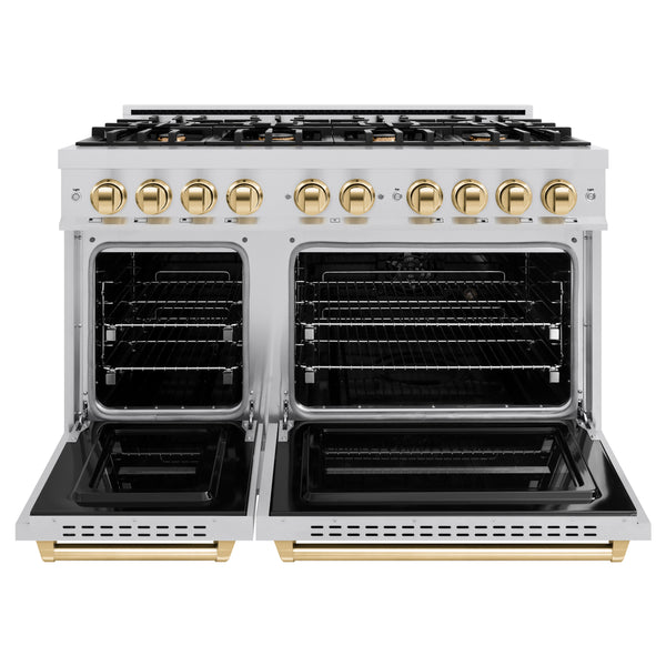 ZLINE Autograph Edition 48 in. 6.7 cu. ft. Classic Double Oven Gas Range with 8 Burner Cooktop in Stainless Steel and Polished Gold Accents (CGRZ-48-G)