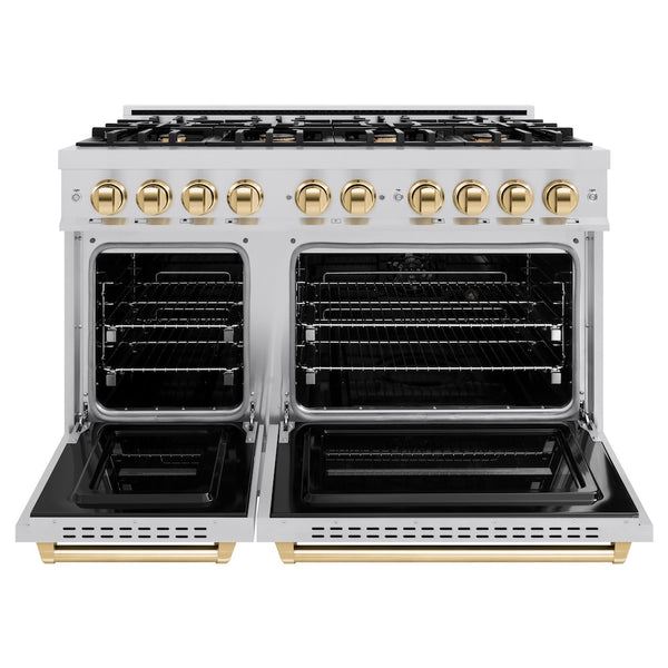 ZLINE Autograph Edition 48 in. 6.7 cu. ft. Classic Double Oven Gas Range with 8 Burner Cooktop in Stainless Steel and Polished Gold Accents, Open Box-Great Condition