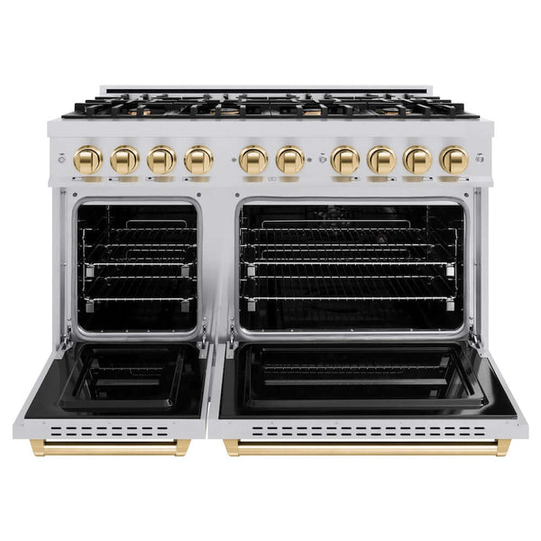 ZLINE Autograph Edition 48 in. 6.7 cu. ft. Classic Double Oven Gas Range with 8 Burner Cooktop in Stainless Steel and Polished Gold Accents, Open Box-Good Condition