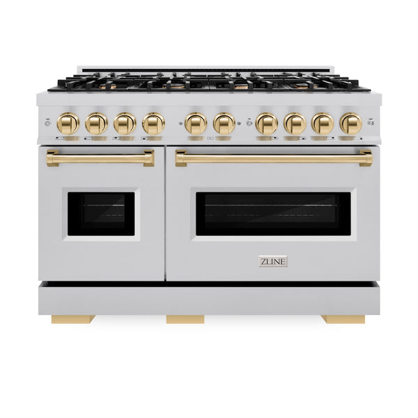 ZLINE Autograph Edition 48 in. 6.7 cu. ft. Classic Double Oven Gas Range with 8 Burner Cooktop in Stainless Steel and Polished Gold Accents, Open Box-Great Condition