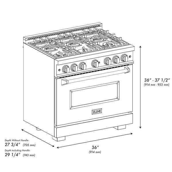 ZLINE Autograph Edition 36 in. 5.2 cu. ft. Classic Gas Range with 6 Burner Cooktop and Convection Gas Oven in Stainless Steel with Black Matte Door and Polished Gold Accents (CGRZ-BLM-36-G)
