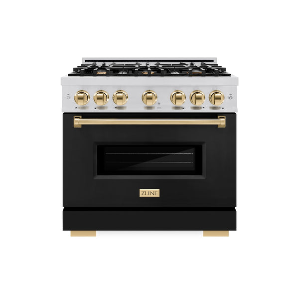 ZLINE Autograph Edition 36 in. 5.2 cu. ft. Classic Gas Range with 6 Burner Cooktop and Convection Gas Oven in Stainless Steel with Black Matte Door and Polished Gold Accents (CGRZ-BLM-36-G)