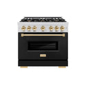 ZLINE Autograph Edition 36 in. 5.2 cu. ft. Classic Gas Range with 6 Burner Cooktop and Convection Gas Oven in Stainless Steel with Black Matte Door and Polished Gold Accents, Open Box-Great Condition