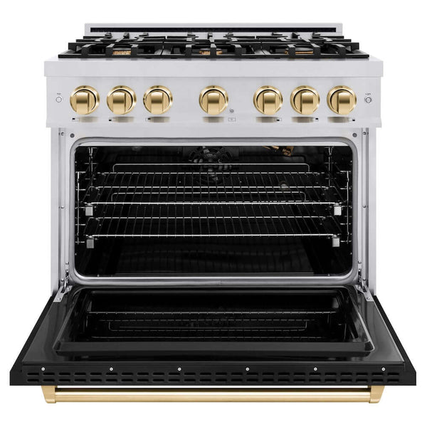 ZLINE Autograph Edition 36 in. 5.2 cu. ft. Classic Gas Range with 6 Burner Cooktop and Convection Gas Oven in Stainless Steel with Black Matte Door and Polished Gold Accents, Open Box-Good Condition