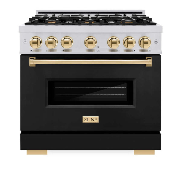 ZLINE Autograph Edition 36 in. 5.2 cu. ft. Classic Gas Range with 6 Burner Cooktop and Convection Gas Oven in Stainless Steel with Black Matte Door and Polished Gold Accents, Open Box-Good Condition
