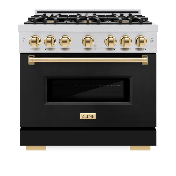 ZLINE Autograph Edition 36 in. 5.2 cu. ft. Classic Gas Range with 6 Burner Cooktop and Convection Gas Oven in Stainless Steel with Black Matte Door and Polished Gold Accents, Open Box-Great Condition