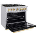 ZLINE Autograph Edition 36 in. 5.2 cu. ft. Classic Gas Range with 6 Burner Cooktop and Convection Gas Oven in Stainless Steel with Black Matte Door and Polished Gold Accents, Open Box-Good Condition