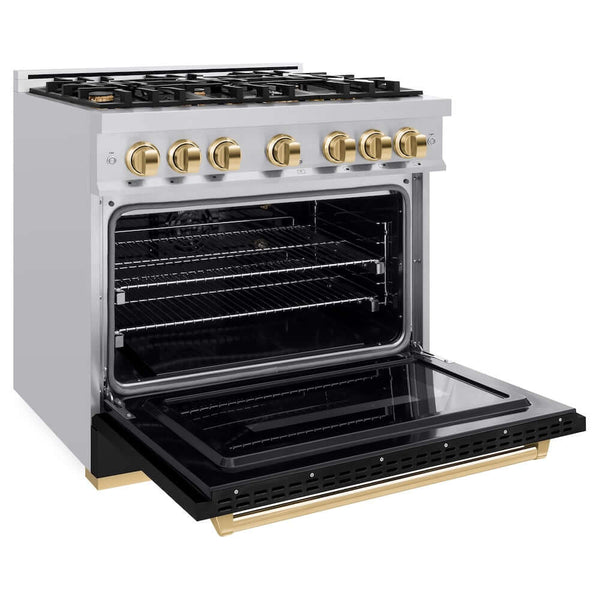 ZLINE Autograph Edition 36 in. 5.2 cu. ft. Classic Gas Range with 6 Burner Cooktop and Convection Gas Oven in Stainless Steel with Black Matte Door and Polished Gold Accents, Open Box-Good Condition