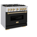 ZLINE Autograph Edition 36 in. 5.2 cu. ft. Classic Gas Range with 6 Burner Cooktop and Convection Gas Oven in Stainless Steel with Black Matte Door and Polished Gold Accents, Open Box-Great Condition