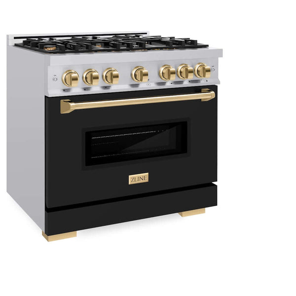 ZLINE Autograph Edition 36 in. 5.2 cu. ft. Classic Gas Range with 6 Burner Cooktop and Convection Gas Oven in Stainless Steel with Black Matte Door and Polished Gold Accents, Open Box-Good Condition