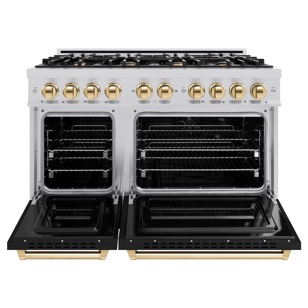 ZLINE Autograph Edition 48 in. 6.7 cu. ft. Classic Double Oven Gas Range with 8 Burner Cooktop in Stainless Steel with Black Matte Doors and Polished Gold Accents, Open Box-Great Condition