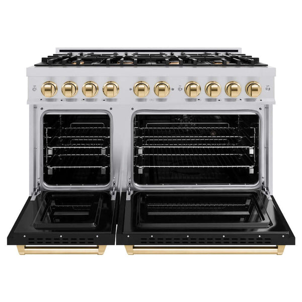 ZLINE Autograph Edition 48 in. 6.7 cu. ft. Classic Double Oven Gas Range with 8 Burner Cooktop in Stainless Steel with Black Matte Doors and Polished Gold Accents, Open Box-Good Condition
