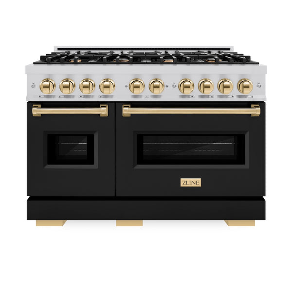 ZLINE Autograph Edition 48 in. 6.7 cu. ft. Classic Double Oven Gas Range with 8 Burner Cooktop in Stainless Steel with Black Matte Doors and Polished Gold Accents, Open Box-Great Condition