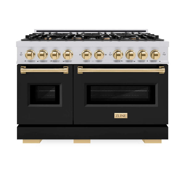 ZLINE Autograph Edition 48 in. 6.7 cu. ft. Classic Double Oven Gas Range with 8 Burner Cooktop in Stainless Steel with Black Matte Doors and Polished Gold Accents, Open Box-Good Condition