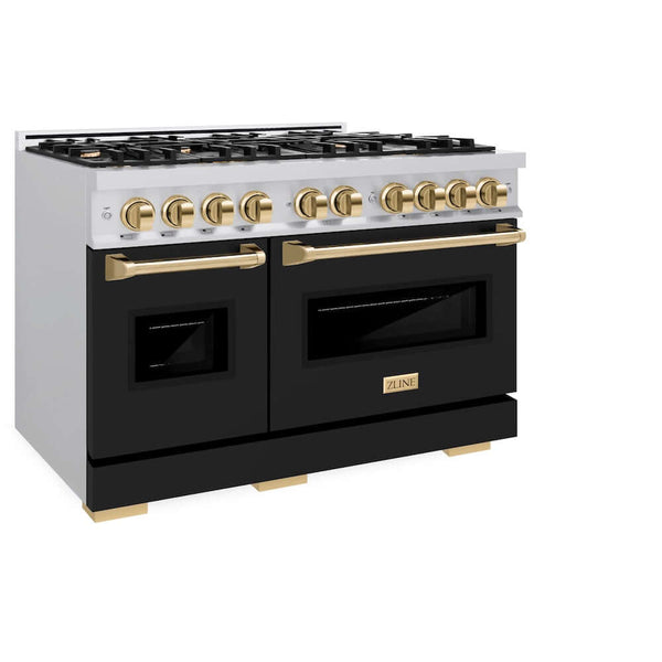 ZLINE Autograph Edition 48 in. 6.7 cu. ft. Classic Double Oven Gas Range with 8 Burner Cooktop in Stainless Steel with Black Matte Doors and Polished Gold Accents, Open Box-Good Condition