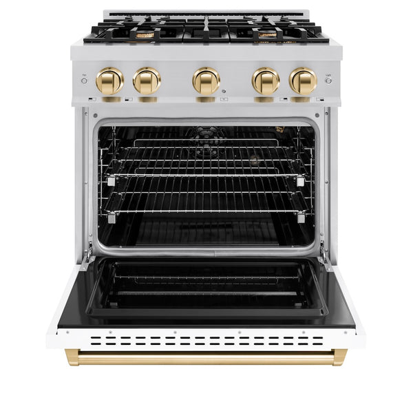 ZLINE Autograph Edition 30 in. 4.2 cu. ft. Classic Gas Range with 4 Burner Cooktop and Convection Gas Oven in Stainless Steel with White Matte Door and Polished Gold Accents, Open Box-Great Condition
