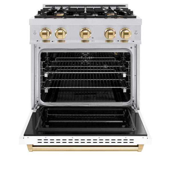 ZLINE Autograph Edition 30 in. 4.2 cu. ft. Classic Gas Range with 4 Burner Cooktop and Convection Gas Oven in Stainless Steel with White Matte Door and Polished Gold Accents, Open Box-Good Condition