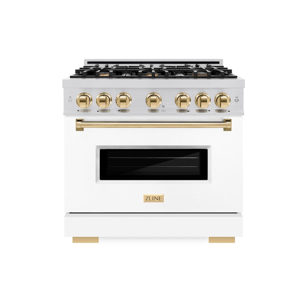 ZLINE Autograph Edition 36 in. 5.2 cu. ft. Classic Gas Range with 6 Burner Cooktop and Convection Gas Oven in Stainless Steel with White Matte Door and Polished Gold Accents, Open Box-Great Condition