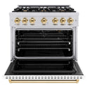 ZLINE Autograph Edition 36 in. 5.2 cu. ft. Classic Gas Range with 6 Burner Cooktop and Convection Gas Oven in Stainless Steel with White Matte Door and Polished Gold Accents, Open Box-Good Condition