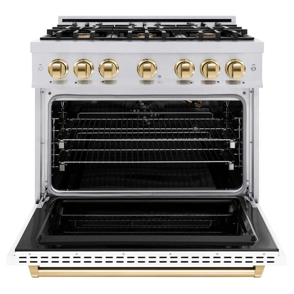 ZLINE Autograph Edition 36 in. 5.2 cu. ft. Classic Gas Range with 6 Burner Cooktop and Convection Gas Oven in Stainless Steel with White Matte Door and Polished Gold Accents, Open Box-Good Condition