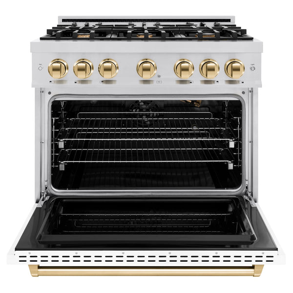 ZLINE Autograph Edition 36 in. 5.2 cu. ft. Classic Gas Range with 6 Burner Cooktop and Convection Gas Oven in Stainless Steel with White Matte Door and Polished Gold Accents, Open Box-Great Condition