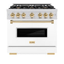 ZLINE Autograph Edition 36 in. 5.2 cu. ft. Classic Gas Range with 6 Burner Cooktop and Convection Gas Oven in Stainless Steel with White Matte Door and Polished Gold Accents, Open Box-Great Condition