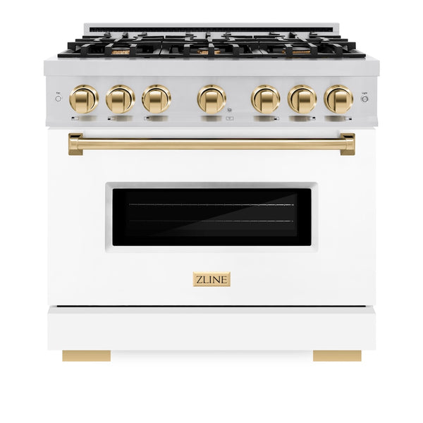 ZLINE Autograph Edition 36 in. 5.2 cu. ft. Classic Gas Range with 6 Burner Cooktop and Convection Gas Oven in Stainless Steel with White Matte Door and Polished Gold Accents, Open Box-Great Condition