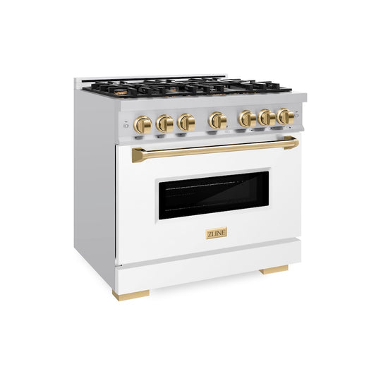 ZLINE Autograph Edition 36 in. 5.2 cu. ft. Classic Gas Range with 6 Burner Cooktop and Convection Gas Oven in Stainless Steel with White Matte Door and Polished Gold Accents, Open Box-Great Condition