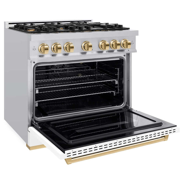 ZLINE Autograph Edition 36 in. 5.2 cu. ft. Classic Gas Range with 6 Burner Cooktop and Convection Gas Oven in Stainless Steel with White Matte Door and Polished Gold Accents, Open Box-Good Condition