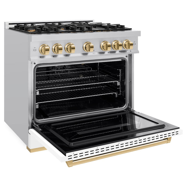 ZLINE Autograph Edition 36 in. 5.2 cu. ft. Classic Gas Range with 6 Burner Cooktop and Convection Gas Oven in Stainless Steel with White Matte Door and Polished Gold Accents, Open Box-Great Condition