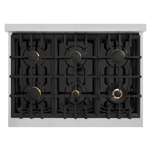 ZLINE Autograph Edition 36 in. Classic Gas Rangetop with 6 Burners and Porcelain Cooktop in Stainless Steel with Polished Gold Accents (RTZ-36-G)