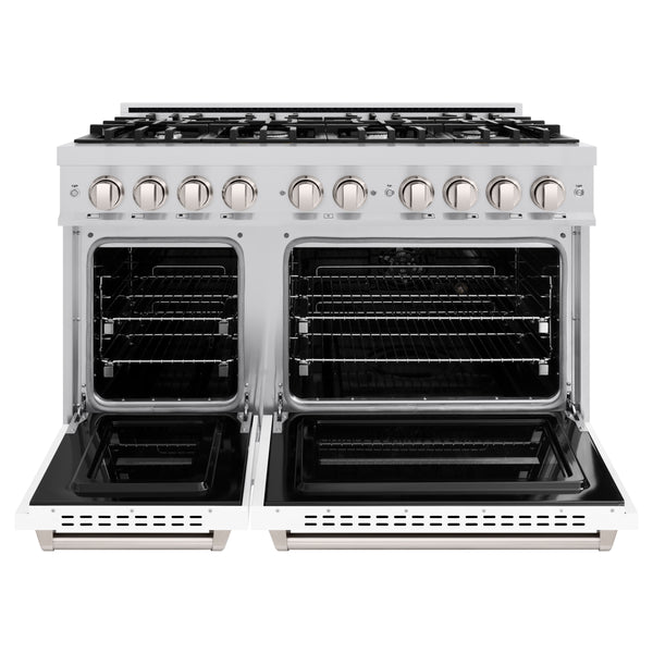 ZLINE 48 in. 6.7 cu. ft. Classic Double Oven Gas Range with 8 Burner Cooktop in Stainless Steel with White Matte Doors (CGR-WM-48)