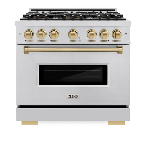 ZLINE Autograph Edition 36 in. 5.2 cu. ft. Classic Dual Fuel Range with 6 Burner DuoPro™ Cooktop and Electric Convection Oven in Stainless Steel and Champagne Bronze Accents (PCDRZ-36-CB)
