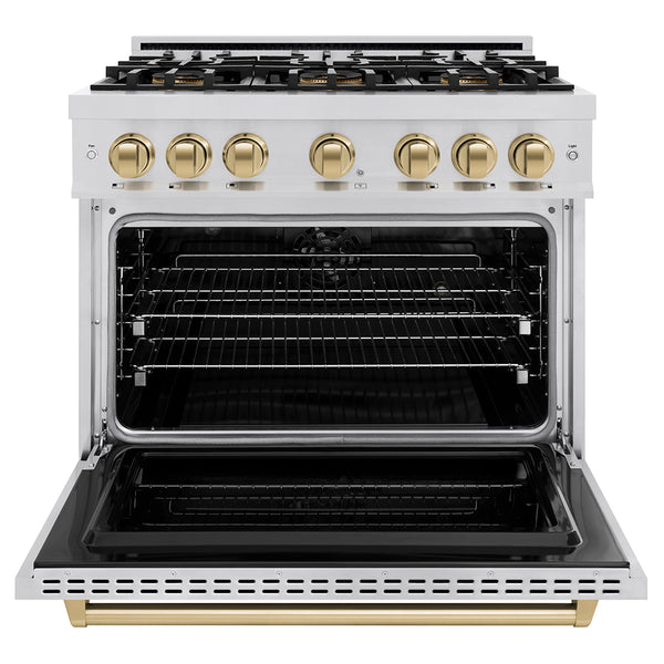 ZLINE Autograph Edition 36 in. 5.2 cu. ft. Classic Dual Fuel Range with 6 Burner DuoPro™ Cooktop and Electric Convection Oven in Stainless Steel and Champagne Bronze Accents (PCDRZ-36-CB)