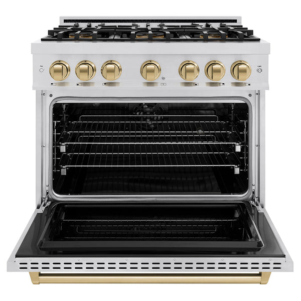 ZLINE Autograph Edition 36 in. 5.2 cu. ft. Classic Dual Fuel Range with 6 Burner DuoPro™ Cooktop and Electric Convection Oven in Stainless Steel and Champagne Bronze Accents, Open Box-Good Condition