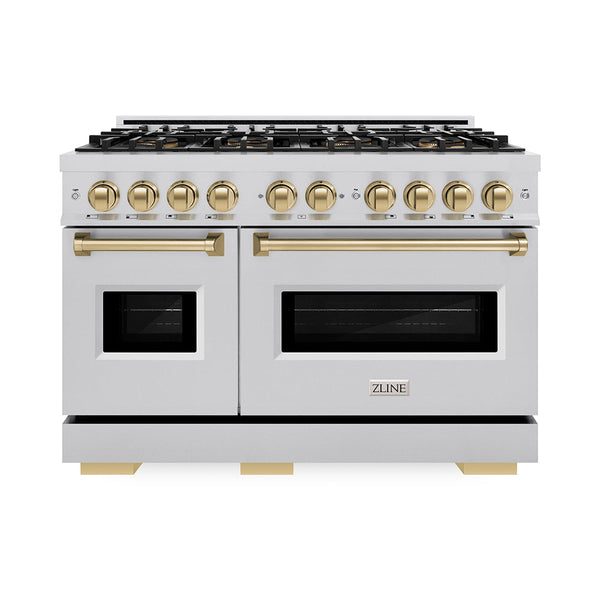 ZLINE Autograph Edition 48 in. 6.7 cu. ft. Classic Dual Fuel Range with 8 Burner DuoPro™ Cooktop and Dual Ovens in Stainless Steel and Champagne Bronze Accents, Open Box-Good Condition