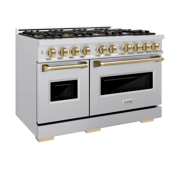 ZLINE Autograph Edition 48 in. 6.7 cu. ft. Classic Dual Fuel Range with 8 Burner DuoPro™ Cooktop and Dual Ovens in Stainless Steel and Champagne Bronze Accents, Open Box-Good Condition