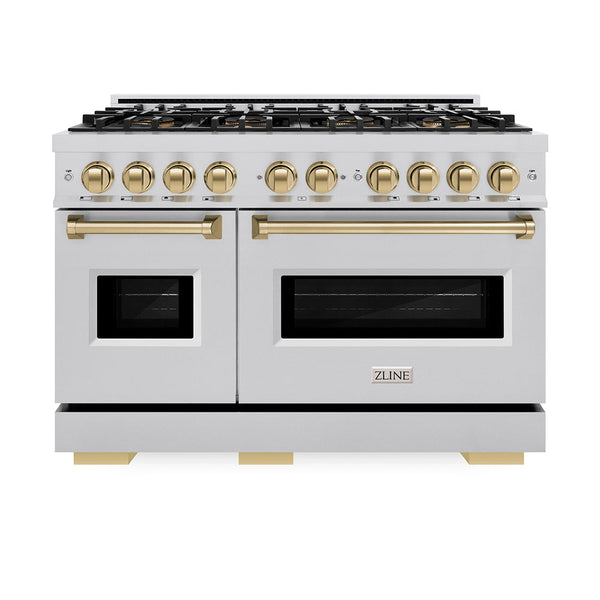 ZLINE Autograph Edition 48 in. 6.7 cu. ft. Classic Dual Fuel Range with 8 Burner DuoPro™ Cooktop and Dual Ovens in Stainless Steel and Champagne Bronze Accents, Open Box-Good Condition