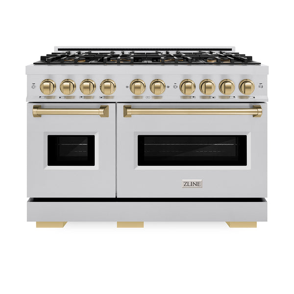 ZLINE Autograph Edition 48 in. 6.7 cu. ft. Classic Dual Fuel Range with 8 Burner DuoPro™ Cooktop and Dual Ovens in Stainless Steel and Champagne Bronze Accents (PCDRZ-48-CB)