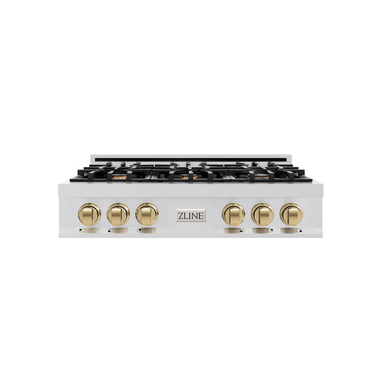 ZLINE Autograph Edition 36 in. Legacy Gas Rangetop with 6 Burners and Porcelain Cooktop in Stainless Steel with Champagne Bronze Accents, Open Box-Good Condition