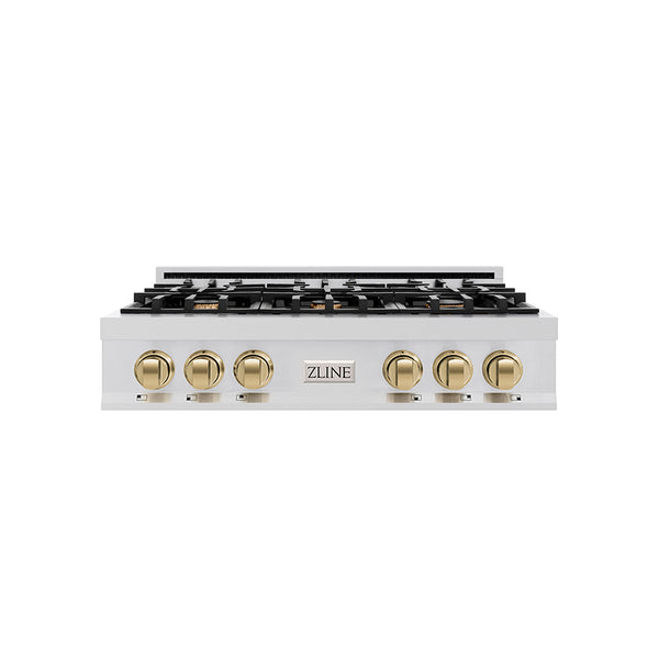 ZLINE Autograph Edition 36 in. Classic Gas Rangetop with 6 Burners and Porcelain Cooktop in Stainless Steel with Champagne Bronze Accents (RTZ-36-CB)