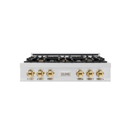 ZLINE Autograph Edition 36 in. Classic Gas Rangetop with 6 Burners and Porcelain Cooktop in Stainless Steel with Polished Gold Accents (RTZ-36-G)