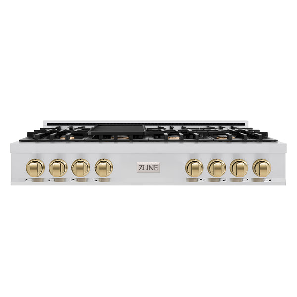 ZLINE Autograph Edition 48 in. Classic Gas Rangetop with 8 Burners and Porcelain Cooktop in Stainless Steel with Champagne Bronze Accents (RTZ-48-CB)