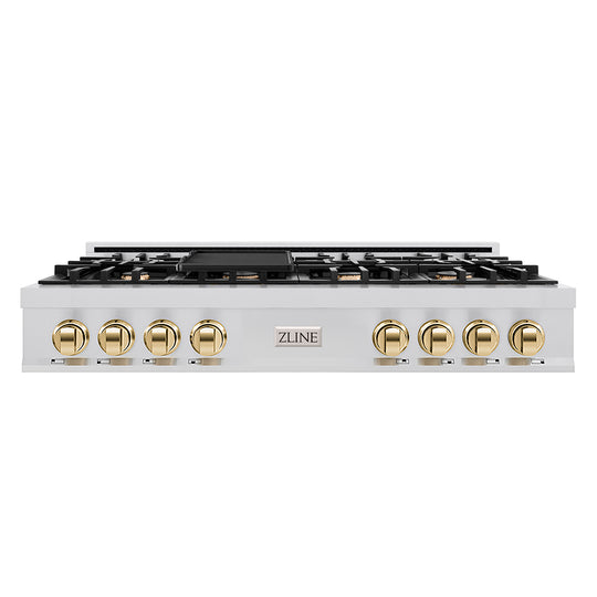 ZLINE Autograph Edition 48 in. Legacy Gas Rangetop with 7 Burners and Porcelain Cooktop in Stainless Steel with Polished Gold Accents, Open Box-Great Condition
