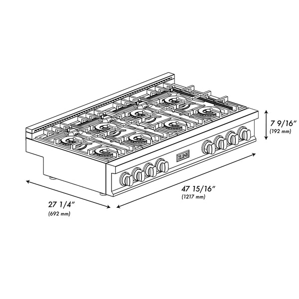 ZLINE Autograph Edition 48 in. Classic Gas Rangetop with 8 Burner DuoPro™ Cooktop in Stainless Steel and Polished Gold Accents (PCRTZ-48-G)