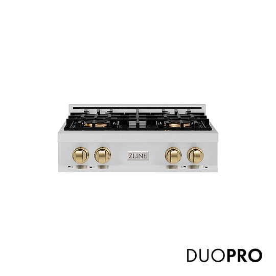 ZLINE Autograph Edition 30 in. Classic Gas Rangetop with 4 Burner DuoPro™ Cooktop in Stainless Steel and Champagne Bronze Accents, Open Box-Great Condition