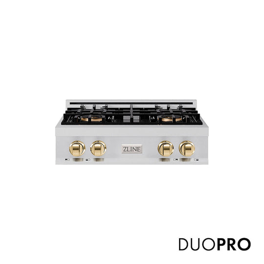 ZLINE Autograph Edition 30 in. Classic Gas Rangetop with 4 Burner DuoPro™ Cooktop in Stainless Steel and Polished Gold Accents, Open Box-Good Condition